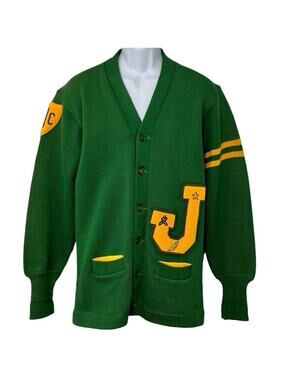 Vintage 50s Green Yellow Letterman J Cardigan Knit Button Up Sweater Size S / M